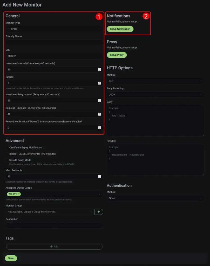 Uptime Kuma - adding new monitor