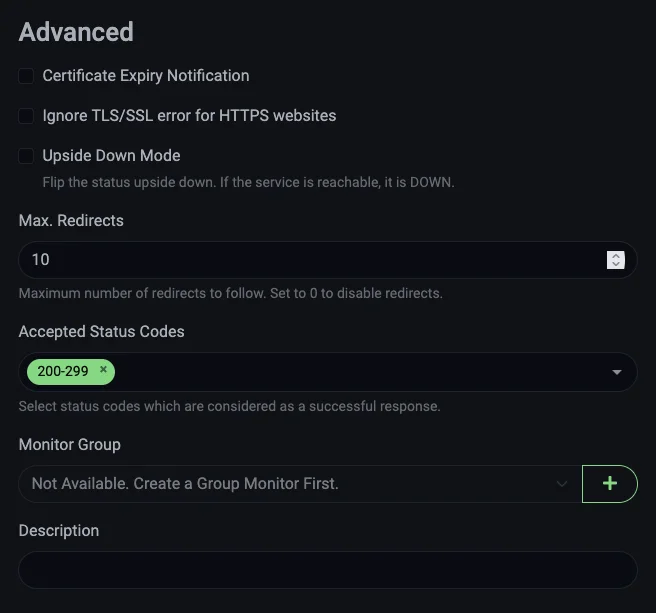 Uptime Kuma - Advanced settings section